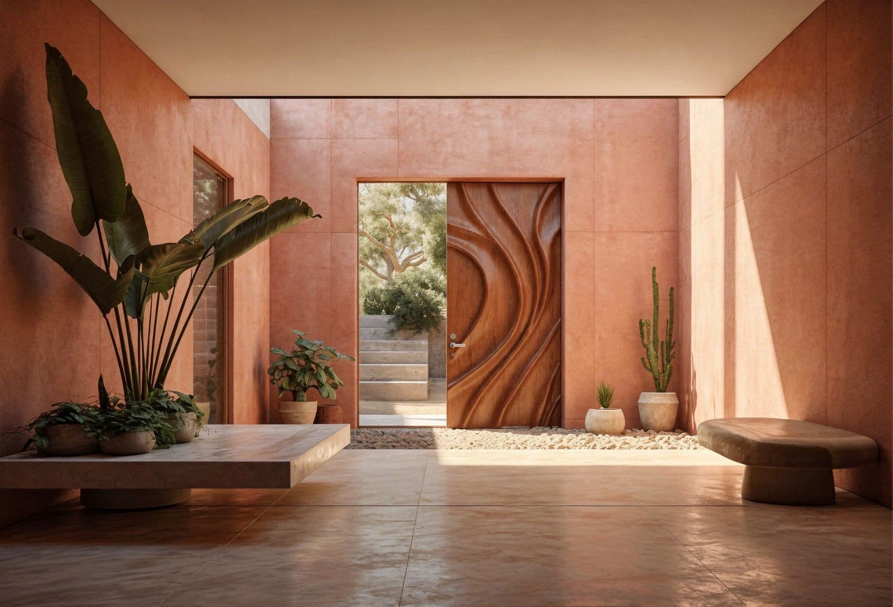 A carved teak door in a courtyard